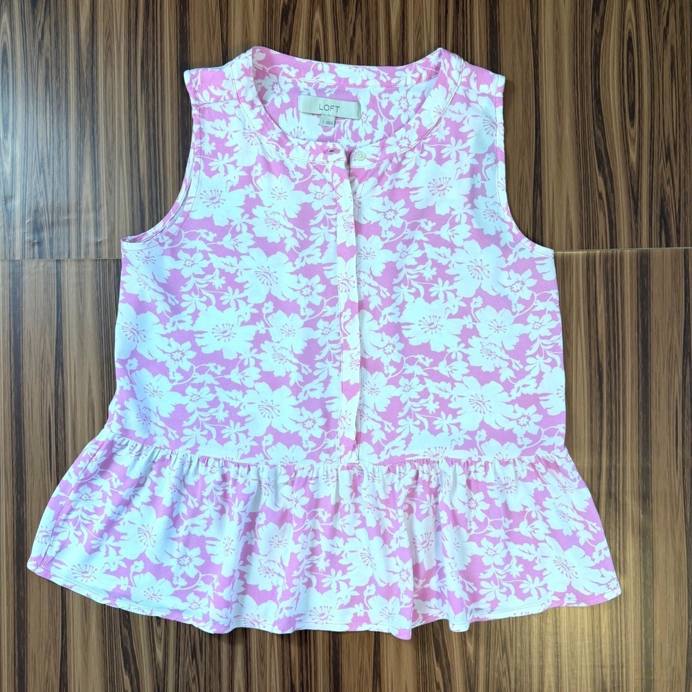 Floral Sleeveless Peplum Top Pink White Sz Small Loft Cottagecore Coquette